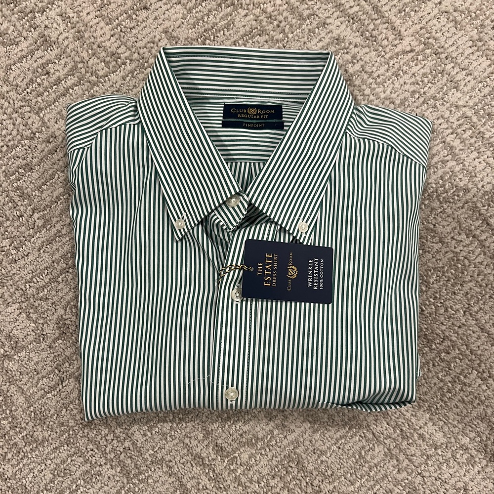 Club Room | Green and White Striped Dress Shirt | 17.5 Neck 36/37 Sleeve